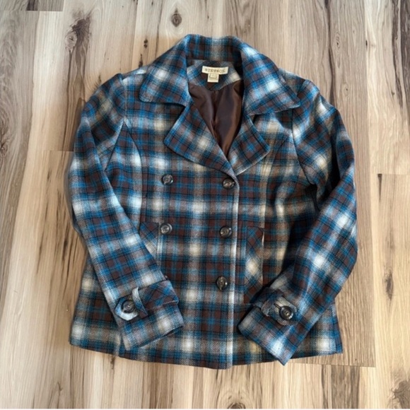 Stetson Teal and Brown Plaid Pea Coat - Picture 1 of 6